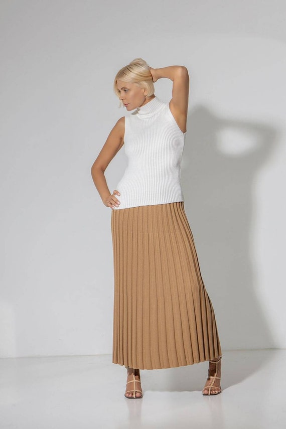 Knit Midi Pleated Skirt for Women, Camel Brown Knit Cotton Midi Skirt for Spring and Summer, Elegant Modest Midi Skirt for Women