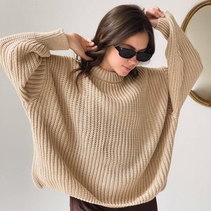 Knit Pullover Sweater for Women, Chunky knit sweater oversized fit, Beige knit sweater for women, Cotton knitted sweater womens