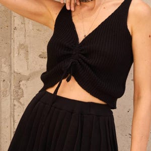 Black Skirt Set with Crop Top for Women, black Mini Pleated Skirt and Crop top without sleeves, black Knit skirt set for summer