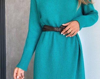 Aqua blue knit sweaterdress for women, Long oversized knit sweaterdress womens, Casual wool knit sweaterdress midi