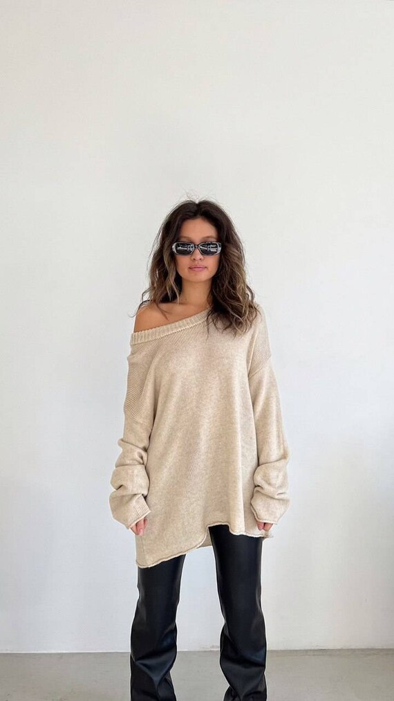 Pull pull en tricot beige pour femme pull long oversize pour femme pull tricote coton femme pull tricote une epaule Etsy France