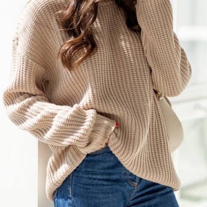 Beige Oversized Pullover sweater Turtleneck, Warm sweater for women, Beige Knit Pullover sweater for Women, Warm Knit Sweater