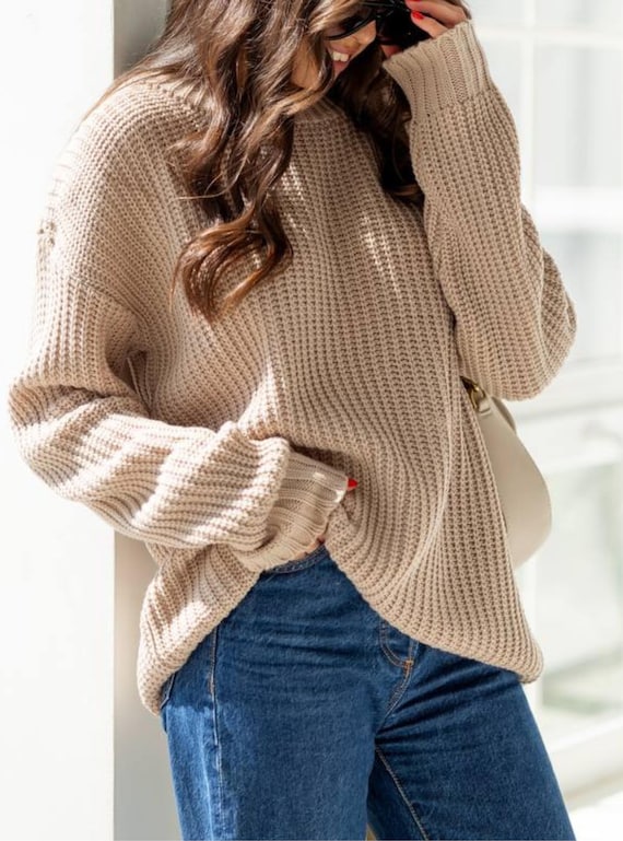 Sleeve Womens Oversized Knit Sweaters Beige Oversized Pullover