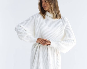 Weißer Strick Pullover Kleid Midi Länge mit Rollkragen, Stricken Oversized Pullover Kleid für Frauen, Stricken Baumwolle Kleid mit langen Ärmeln Oversize