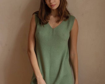Olive Green Knit Mini Dress, Sleeveless Boho Beach Dress