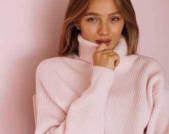 Light pink Oversized Pullover sweater Turtleneck, Warm sweater for women, Light Pink Knit Pullover sweater for Women, Pink Warm Knit Sweater