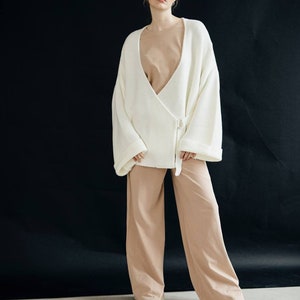 White Knit Wrap Cardigan for Women, Unusual design cardigan for Woman, White Cotton Cardigan Sweater with Belt