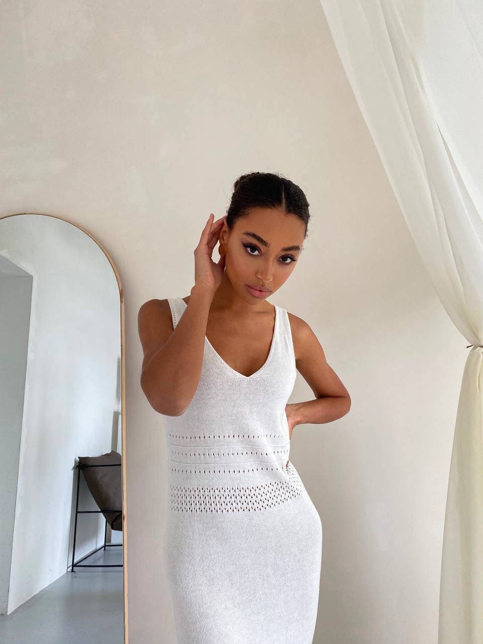 White Summer Knit Mini Dress for Women 