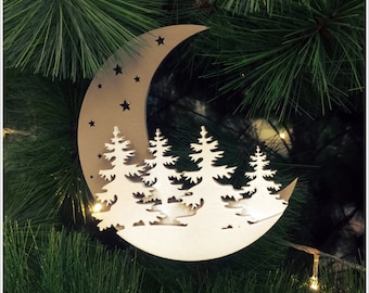 Moon Christmas Decoration Vector, Moon and pine grove Laser Cut, files CNC, CNC, CNC plans moon, decoration's cdr, vector plans moon