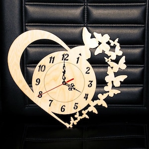 Clock with Heart and Butterflies CDR File, laser cut, Heart and Butterflies,Vector dxf, cdr, digital vector art,cnc file, cnc pattern,cnc