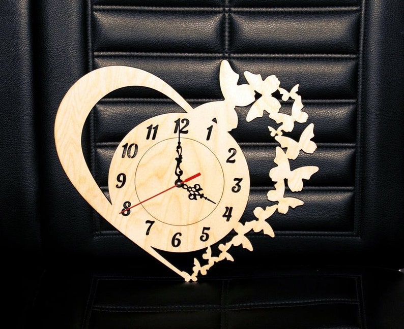 Clock with Heart and Butterflies CDR File, laser cut, Heart and Butterflies,Vector dxf, cdr, digital vector art,cnc file, cnc pattern,cnc image 1