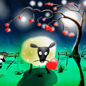 Sólo tarjeta de San Valentín Ewe. Amor corazones luna y estrellas románticas.