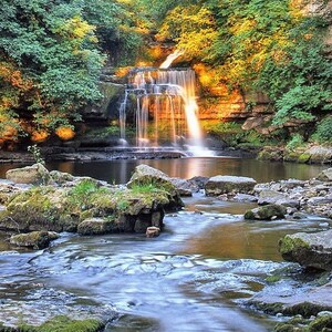 Op de afbeelding: Een schilderachtige waterval klettert over gelaagde rotsen in een rustige poel. Weelderige groene bomen en bladeren omlijsten de waterval, met zonlicht dat het water en het omliggende landschap verlicht. Water stroomt over met mos bedekte rotsen.