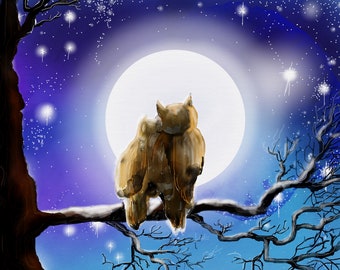 Moonlight Owls. Greetings birthday valentine card. Owls birds wildlife nature love