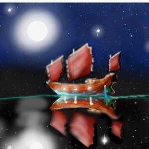 Riflessioni spazzatura, biglietto di compleanno / auguri. Barca, stelle, luna, vuoto all'interno del quadrato.
