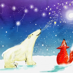 クリスマスカード、シロクマ、キツネ、星、動物