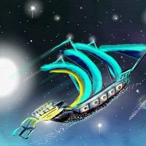 Nave spaziale. Auguri. Compleanno. Pittura. Opera d' arte.