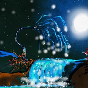 Fox & Waterfall. Verjaardagskaart leeg, sterren, maan toadstools surrealistische cartoon
