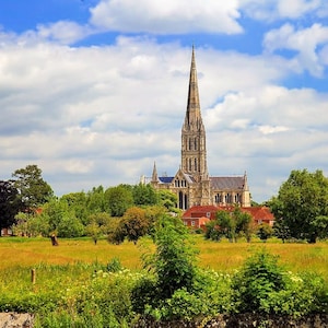 Salisbury Cathedral Geburtstags-/Grußkarte. Quadratischer Rohling innen. Landschaft. England.