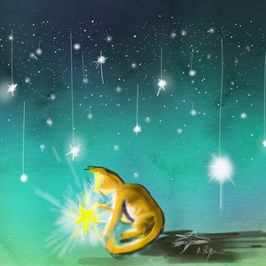 Capture d’étoiles. Cartes de voeux. Chat. Étoiles. Peinture. Oeuvre. Anniversaire.