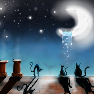 Op de afbeelding: Een digitale illustratie van drie zwarte katten op een dak in de nacht. Een maansikkel met een gezicht giet een gloeiende blauwe stroom licht en hartvormen op het dak. Twee bruine schoorstenen staan links onder een donkere sterrenhemel.