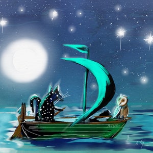 Bateau aux pois verts. Cartes de voeux chat d'anniversaire, hibou, lune.