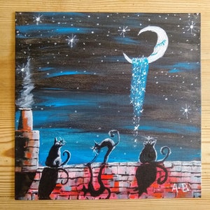 Carte de salutation d’anniversaire de chats de toit. Blanc à l’intérieur de la carte carrée. Animaux chats étoiles magiques chute d’eau de lune.