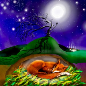 Zorro Durmiente. Divertido tarjeta de arte de cumpleaños. Animales de pintura de vida silvestre natural