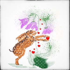 Tarjeta Harebell Valentines. En blanco adentro. Corazones de liebre y flores