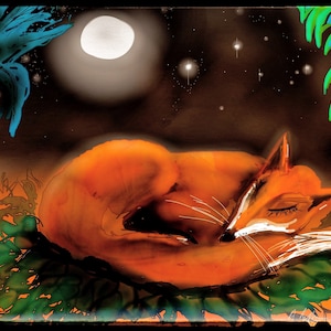 Mme Foxo. Carte d’anniversaire. Renard endormi, animaux, nature.