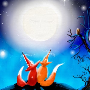Tarjeta de felicitación/cumpleaños. Estudio de las estrellas. Dos zorros sentados mirando los corazones de las estrellas. Divertido.
