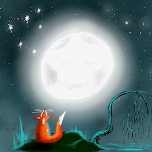 Renard et lune. Cartes d'anniversaire. Magie, animaux. Vierge. Amusant.
