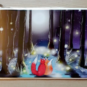 Geburtstags-/Gruß-Karte. Nacht unter den Sternen. 2 Füchse genießen das Mondlicht. Innen leer. 5x7 Zoll Kunstwerk