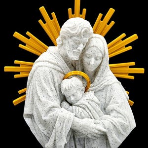 May include: A white speckled statue of the Holy Family, featuring Joseph, Mary, and the infant Jesus. The figures are embraced, with a gold halo around the baby's head. A gold burst radiates behind the figures, set against a black background.
