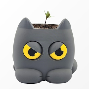 May include: A gray cat-shaped planter with large, yellow, semi-closed eyes and two pointed ears. The planter features a small green sprout growing from the soil contained within the top opening, and two front paws resting at the base of the structure.