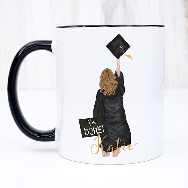 Personalised graduation mug with custom name, skin tone, gown and hairstyle. Cute gift idea if you are looking for graduation gifts for her.