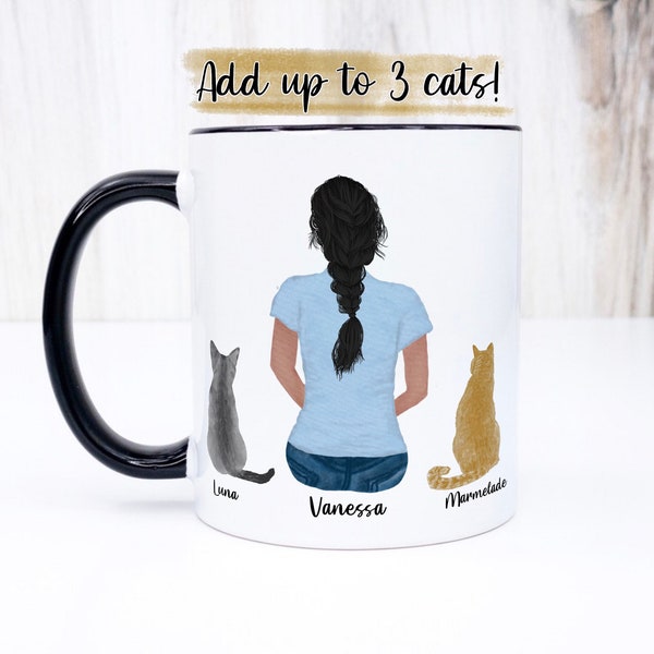 Personalised cat mug with custom names, hairstyle and cat breeds. Get one, make a cat mum happy today by creating stunning cat gifts for her