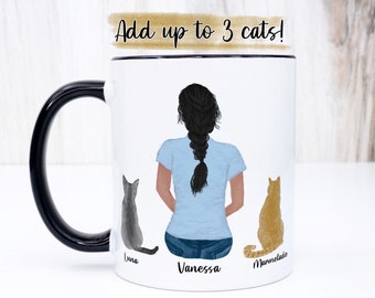 Personalised Cat mum Mug with Customisable Options. Choose Hairstyle, Skin Tone & Cat Breeds. Ideal Cat Lover Gift for Her. Order Now!