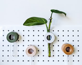 May include: Four different coloured ceramic bud vases with a plant in one of the vases. The vases are hanging on a white pegboard with black dots.