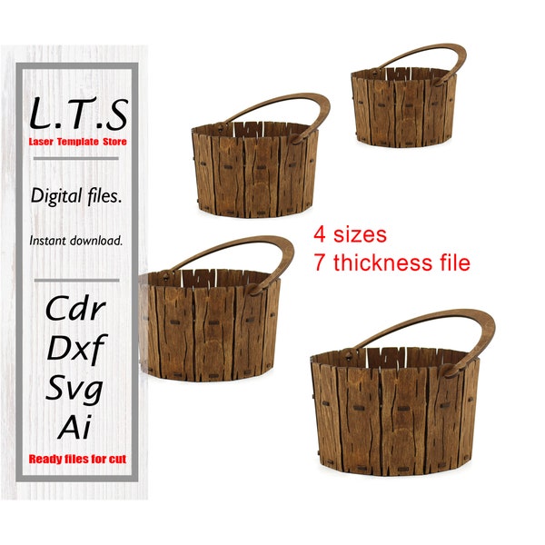 Wooden basket for flowers and other uses. Easter baskets. 4 sizes. 7 thickness file. dxf, ai, cdr, svg. Cnc files. BX54