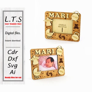 Wooden photo frame. Birth details. Laser cut file. 4 thickness file.  Cdr,Dxf,Svg,Ai.Instant download, Cnc files. PF13