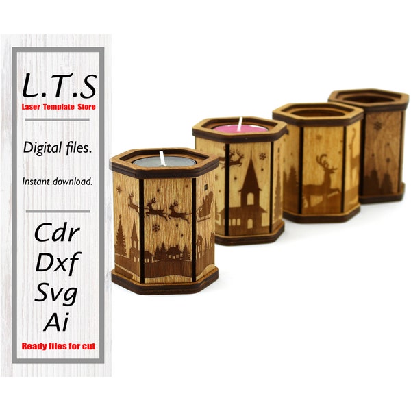 Christmas candle holders. Laser cut file. 3 models. 4 thickness file.  Cdr , Dxf, Svg, Ai. Instant download. Cnc files. CT18