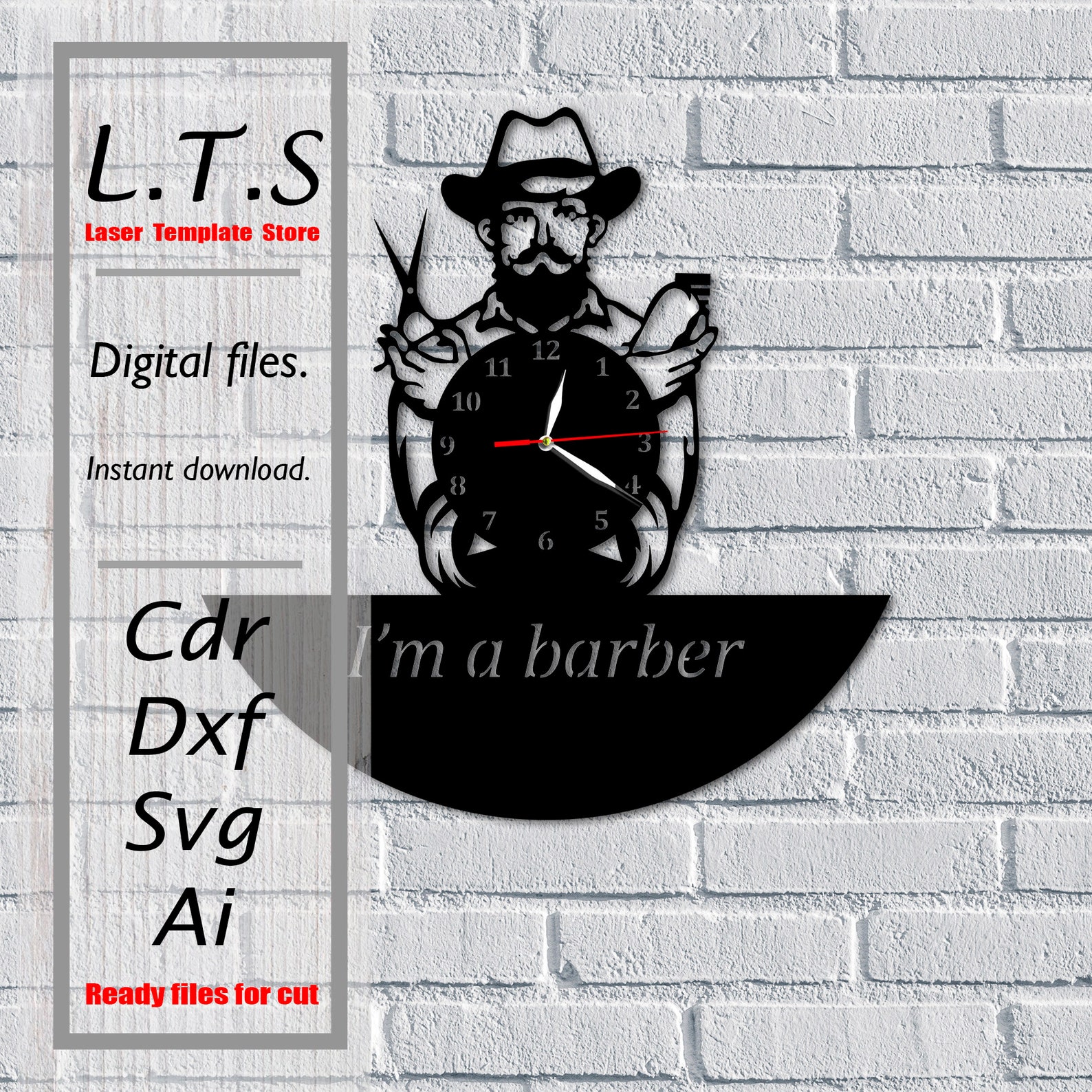 Original clock 'Barber'. Laser cut file. Etsy