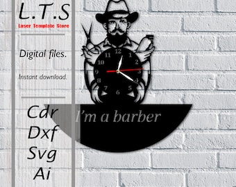 Original clock 'Barber'. Laser cut file. Cdr,Dxf,Svg,Ai.Instant download, Cnc files. CLK5