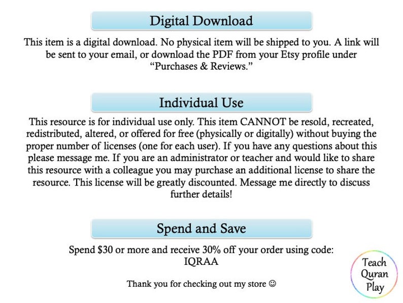May include: A digital download graphic with text that reads "Digital Download", "Individual Use", and "Spend and Save". The graphic also includes a logo with the text "Teach Quran Play".
