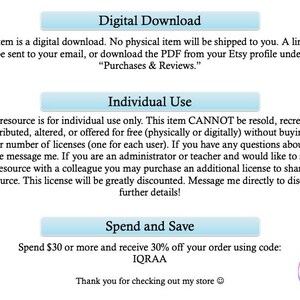 Op de afbeelding: Een grafische afbeelding voor digitale download met de tekst "Digitale download", "Individueel gebruik" en "Uitgeven en besparen". De afbeelding bevat ook de tekst "Dit item is een digitale download. Er wordt geen fysiek item naar u verzonden. Een link wordt naar uw e-mailadres gestuurd, of u downloadt de PDF van uw Etsy-profiel onder "Aankopen en beoordelingen."", "Deze bron is uitsluitend voor individueel gebruik. Dit item mag NIET worden doorverkocht, opnieuw worden gemaakt, verspreid, gewijzigd of gratis worden aangeboden (fysiek of digitaal) zonder de juiste hoeveelheid licenties te kopen (&eacute;&eacute;n voor elke gebruiker). Als u vragen heeft, neem dan contact met me op. Als u een beheerder of docent bent en deze bron met een collega wilt delen, kunt u een extra licentie kopen om de bron te delen. Deze licentie wordt sterk gereduceerd. Neem rechtstreeks contact met me op om verdere details te bespreken!" en "Geef &euro; 30 of meer uit en ontvang 30% korting op uw bestelling met de code: IQRAA". De afbeelding bevat ook een logo met de tekst "Koran leren spelen".