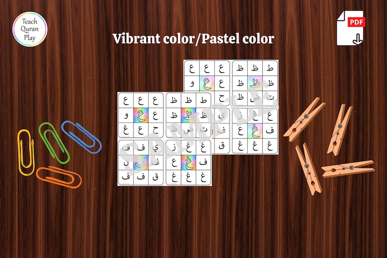 Op de afbeelding: Twee printbare Arabische alfabet-matching-spelkaarten met levendige en pastelkleurige letters. De kaarten zijn ontworpen voor een matching-spelactiviteit. De kaarten zijn gedrukt op wit papier met zwarte randen.