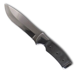 May include: A silver knife with a black handle. The handle has three holes in it.