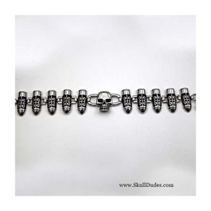 Stainless Steel Link Bracelet - Bullets with one Skull in center - 8.5&quot; Long