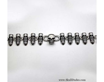 Stainless Steel Link Bracelet - Bullets with one Skull in center - 8.5" Long